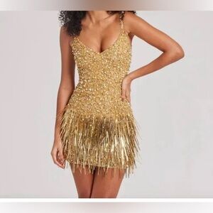 NADINE MERABI Gold Sequin Mini Dress